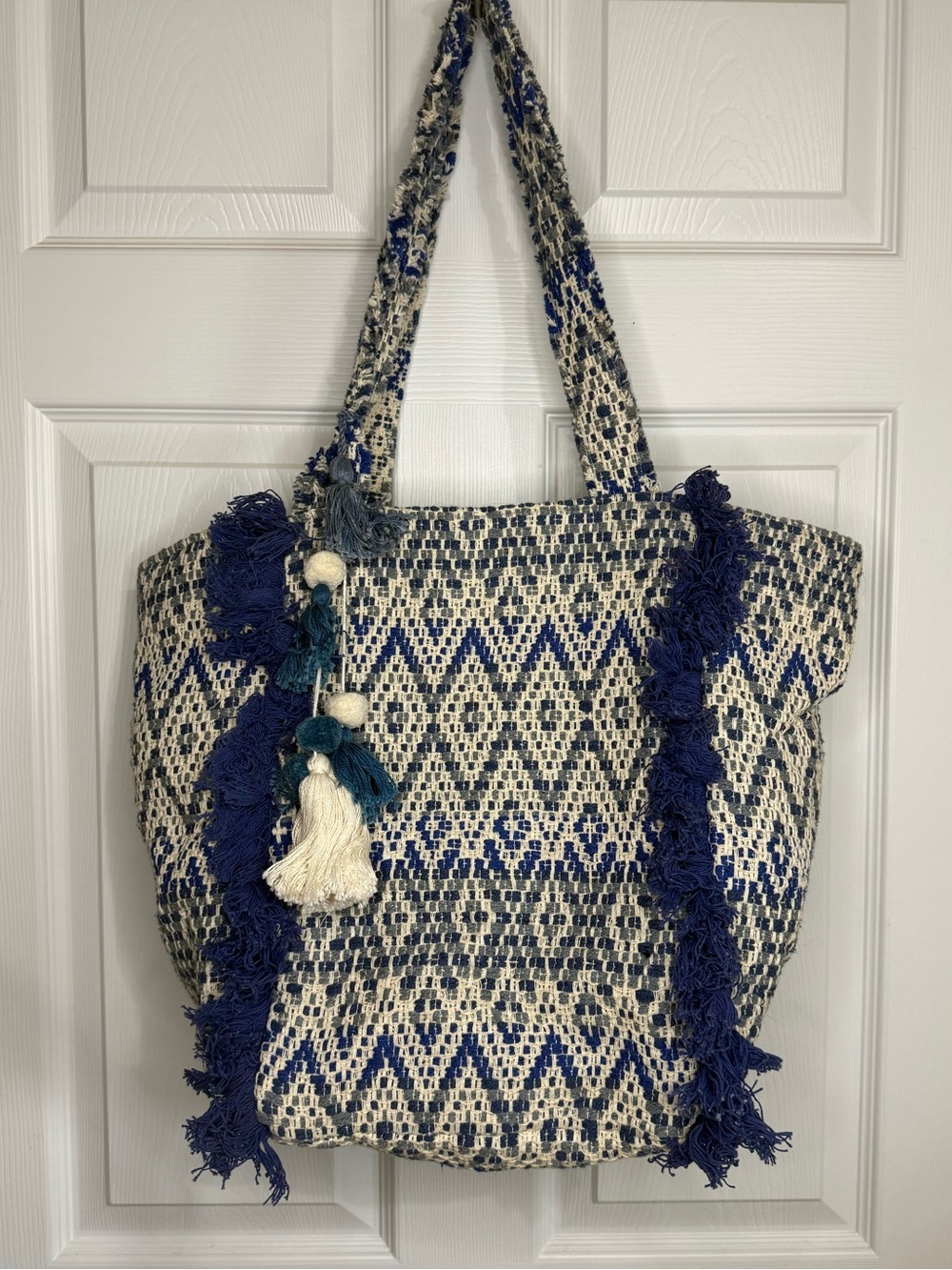 Blue and Cream Woven Fringe Tote Bag with Tassel Accent